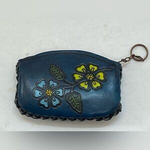 Euro blue floral design zippered pouch wallet change purse for women or men.